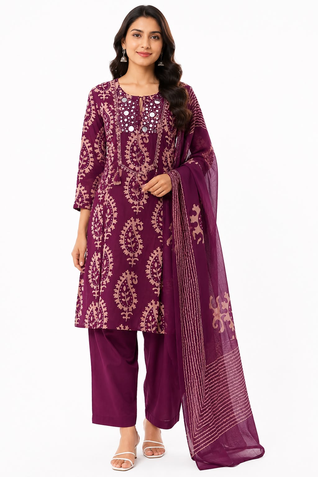 Women’s Wine Purple Printed Kurti Set with Dupatta & Pants | Mirror Work Neckline 3-Piece Ethnic Suit Set