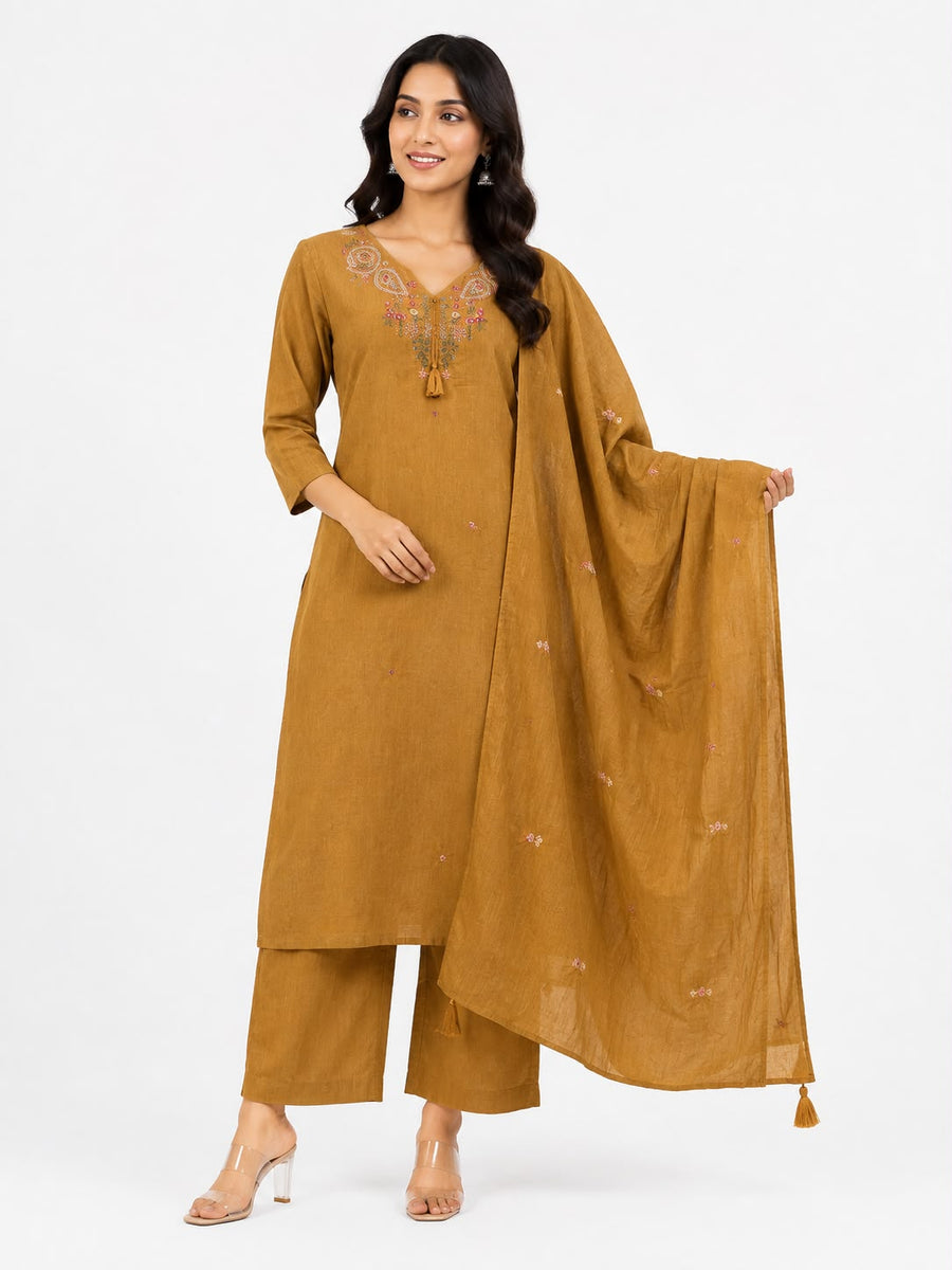 Women’s Mustard Brown Embroidered Kurti Set with Dupatta & Wide-Leg Pants | 3-Piece Ethnic Suit Set