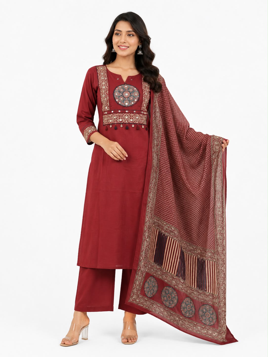 Women’s Maroon Embroidered Kurti Set with Printed Dupatta & Wide-Leg Pants | 3-Piece Ethnic Suit Set