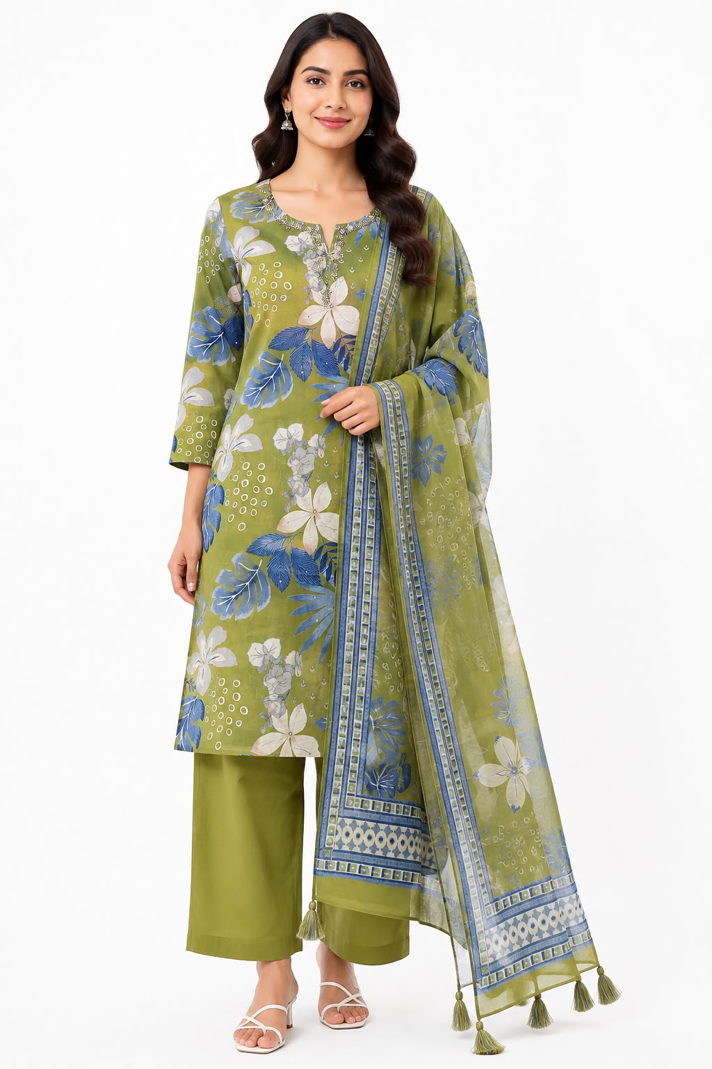 Women’s Olive Green Floral Printed Kurti Set with Dupatta & Wide-Leg Pants | 3-Piece Ethnic Suit Set