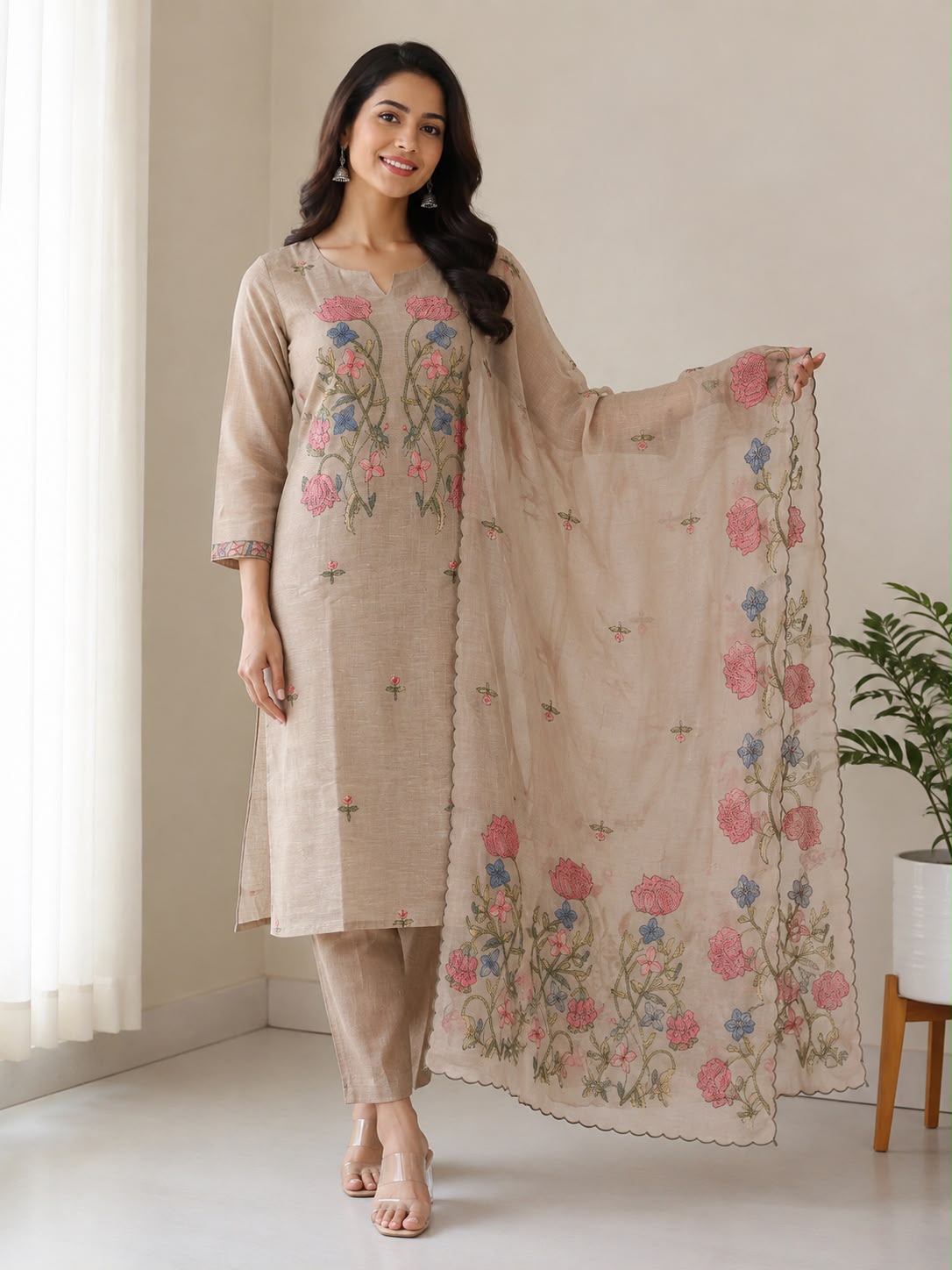 Natural Fab Women’s Beige Chanderi Kurti Set with Multicolour Kantha Work, Straight Pants & Floral Dupatta – 3 Piece Ethnic Suit