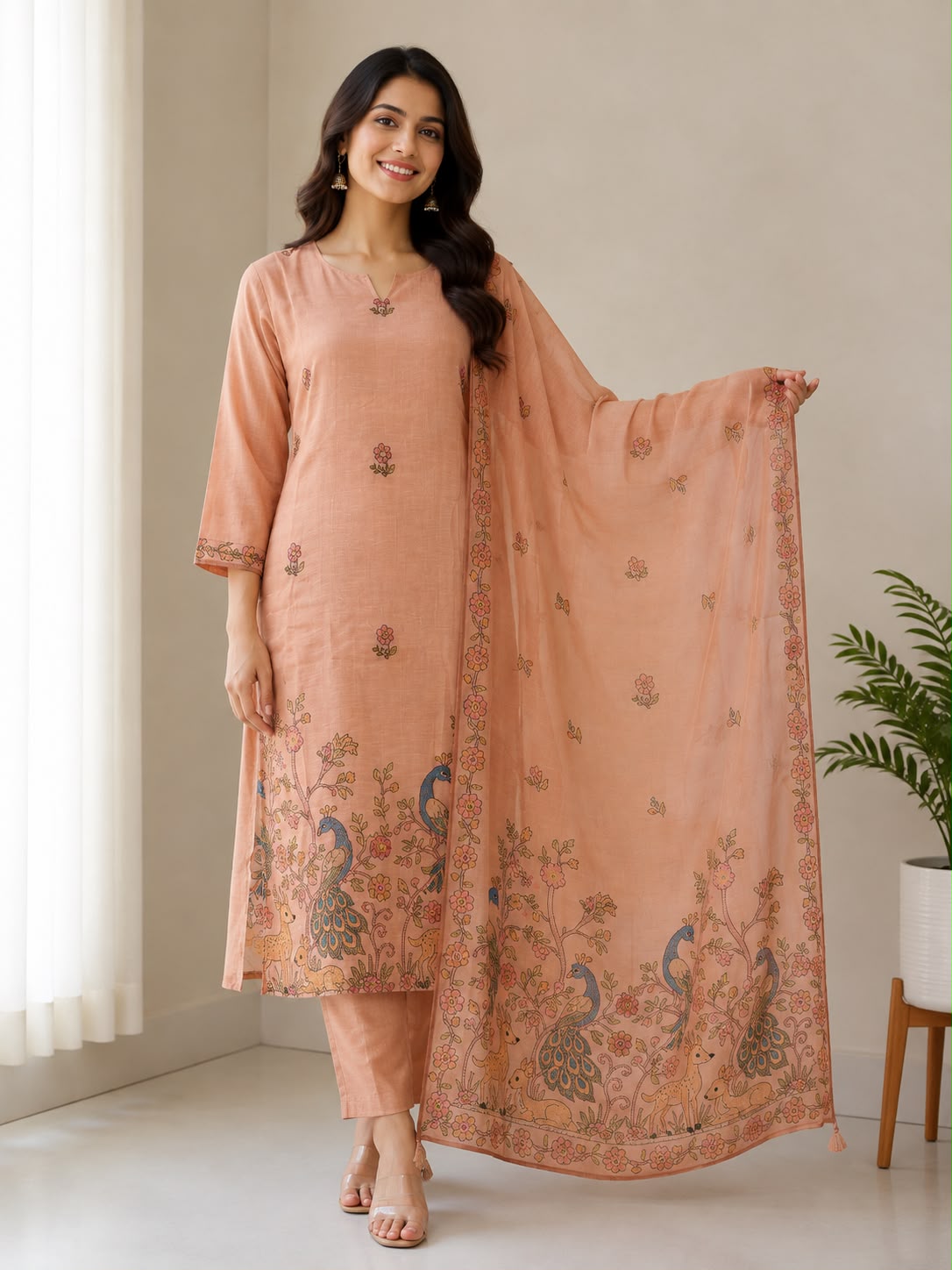 Natural Fab Women’s Peach Chanderi Kurti Set with Kantha Work, Straight Pants & Peacock Print Dupatta – 3 Piece Ethnic Suit