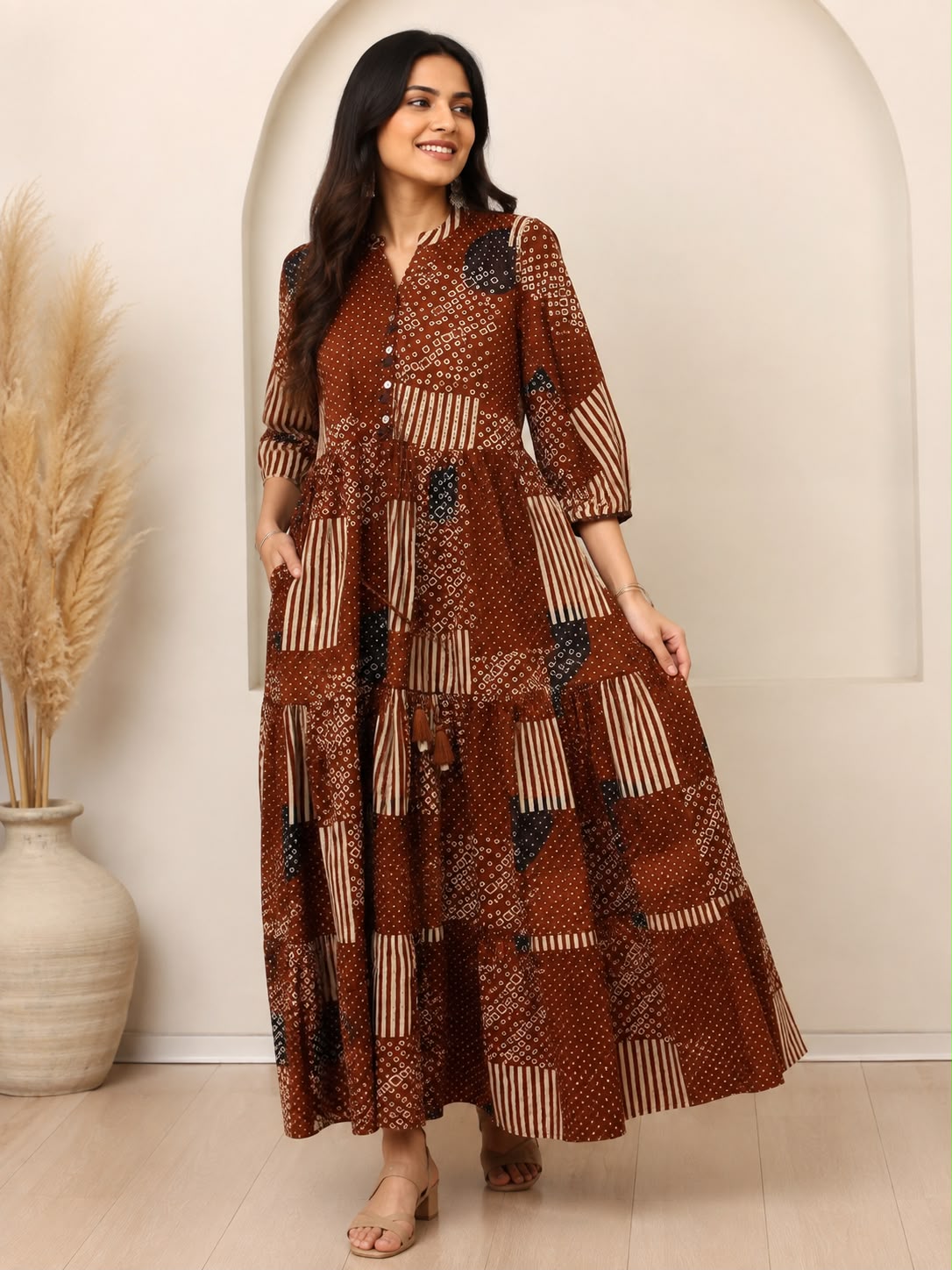 Natural Fab Women’s Brown Bandhani-Inspired Printed Tiered Maxi Dress with Pockets, Button Front & Tassel Tie-Up