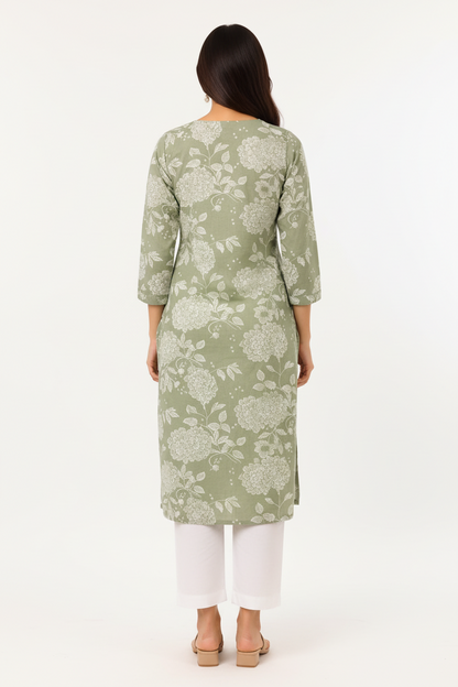 Natural Fab Women’s Sage Green Floral Printed Straight Kurti with Pocket, Notch Neck & Three-Quarter Sleeves