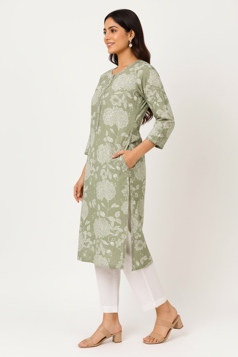 Natural Fab Women’s Sage Green Floral Printed Straight Kurti with Pocket, Notch Neck & Three-Quarter Sleeves