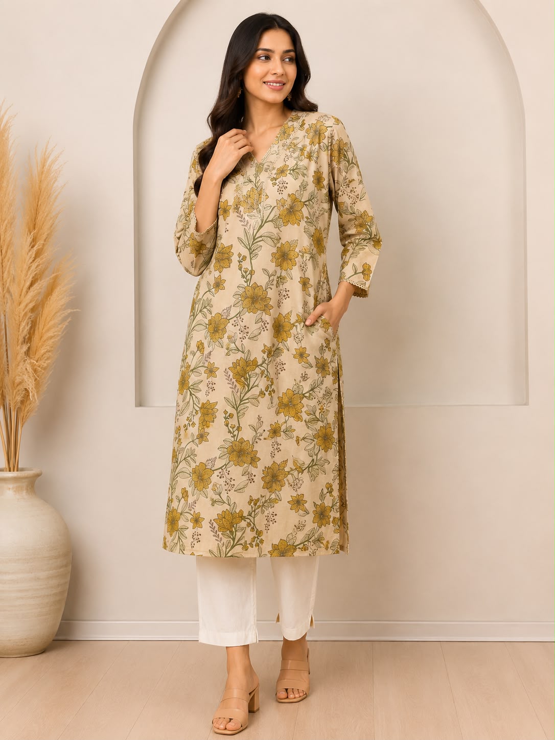 Natural Fab Women’s Beige Mustard Floral Printed Straight Kurti with Pocket, V-Neck & Three-Quarter Sleeves