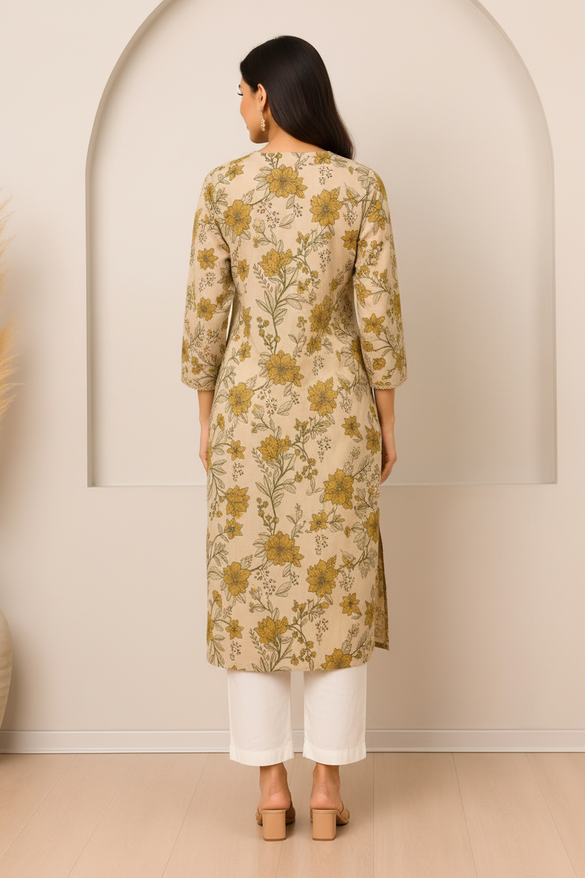 Natural Fab Women’s Beige Mustard Floral Printed Straight Kurti with Pocket, V-Neck & Three-Quarter Sleeves