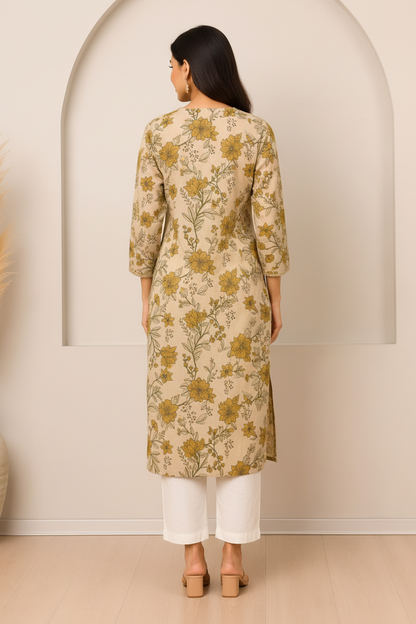 Natural Fab Women’s Beige Mustard Floral Printed Straight Kurti with Pocket, V-Neck & Three-Quarter Sleeves