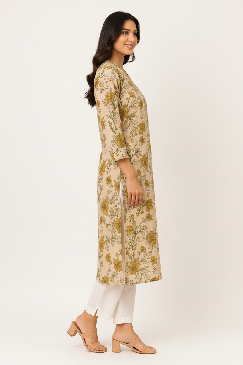Natural Fab Women’s Beige Mustard Floral Printed Straight Kurti with Pocket, V-Neck & Three-Quarter Sleeves