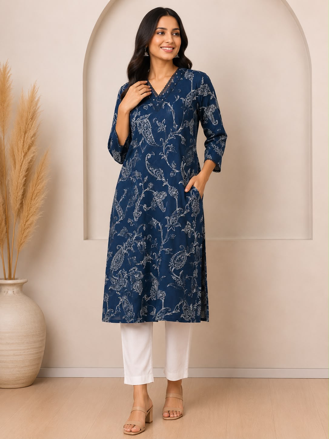 Natural Fab Women’s Navy Blue Paisley Floral Printed Straight Kurti with Pocket, Lace V-Neck & Three-Quarter Sleeves