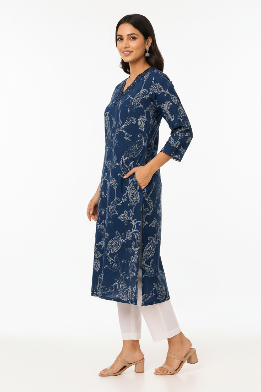 Natural Fab Women’s Navy Blue Paisley Floral Printed Straight Kurti with Pocket, Lace V-Neck & Three-Quarter Sleeves