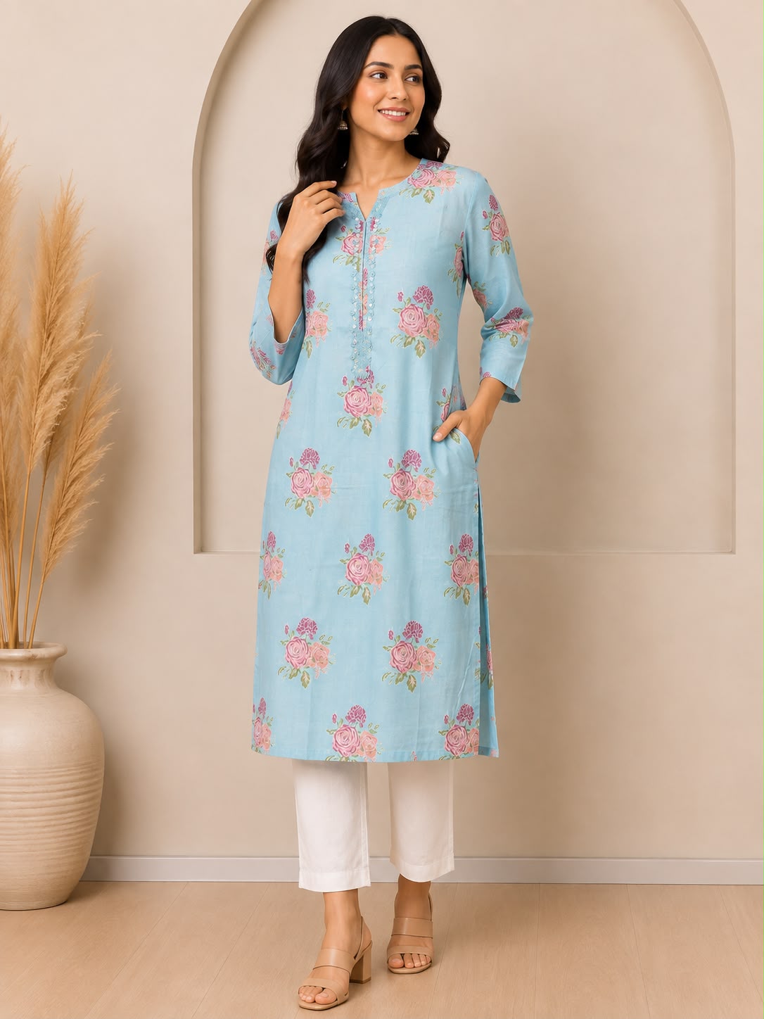 Natural Fab Women’s Sky Blue Rose Floral Printed Straight Kurti with Pocket, Notch Neck & Three-Quarter Sleeves