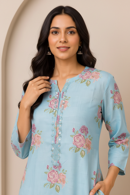 Natural Fab Women’s Sky Blue Rose Floral Printed Straight Kurti with Pocket, Notch Neck & Three-Quarter Sleeves
