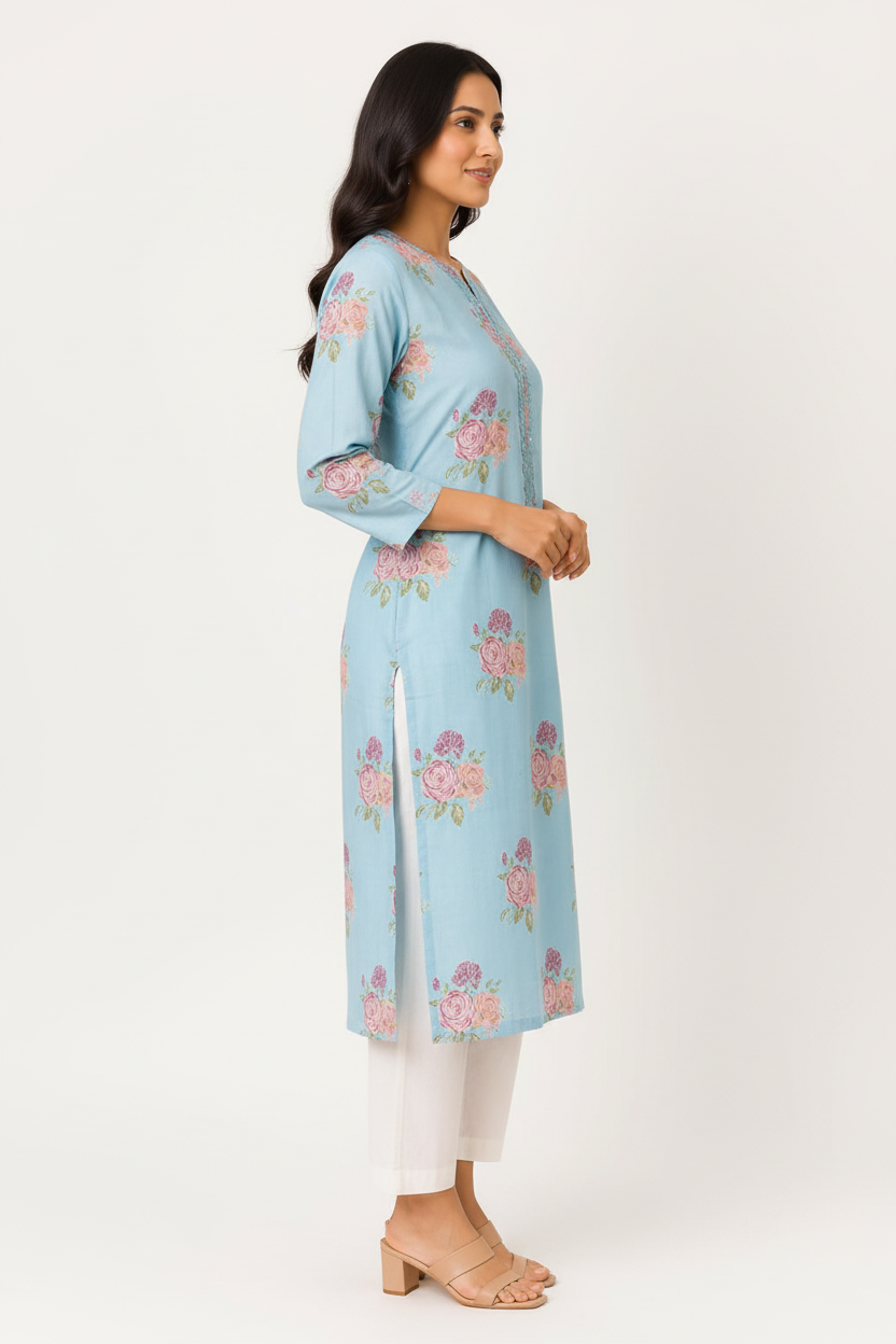 Natural Fab Women’s Sky Blue Rose Floral Printed Straight Kurti with Pocket, Notch Neck & Three-Quarter Sleeves