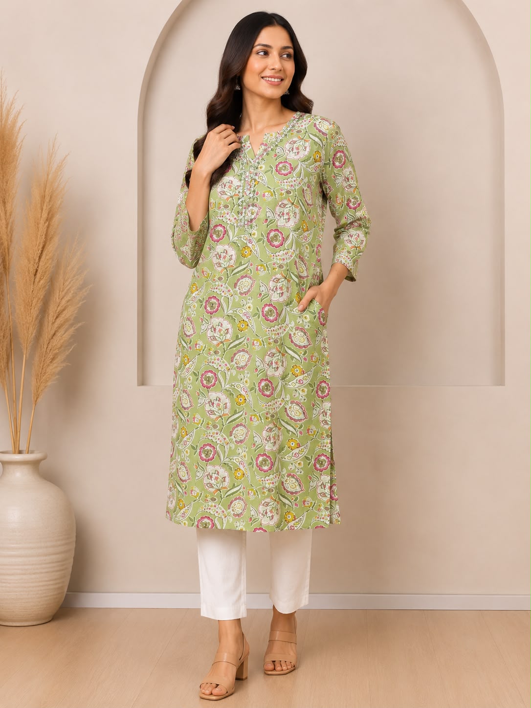 Natural Fab Women’s Light Green Multicolour Floral Printed Straight Kurti with Pocket, V-Neck & Three-Quarter Sleeves