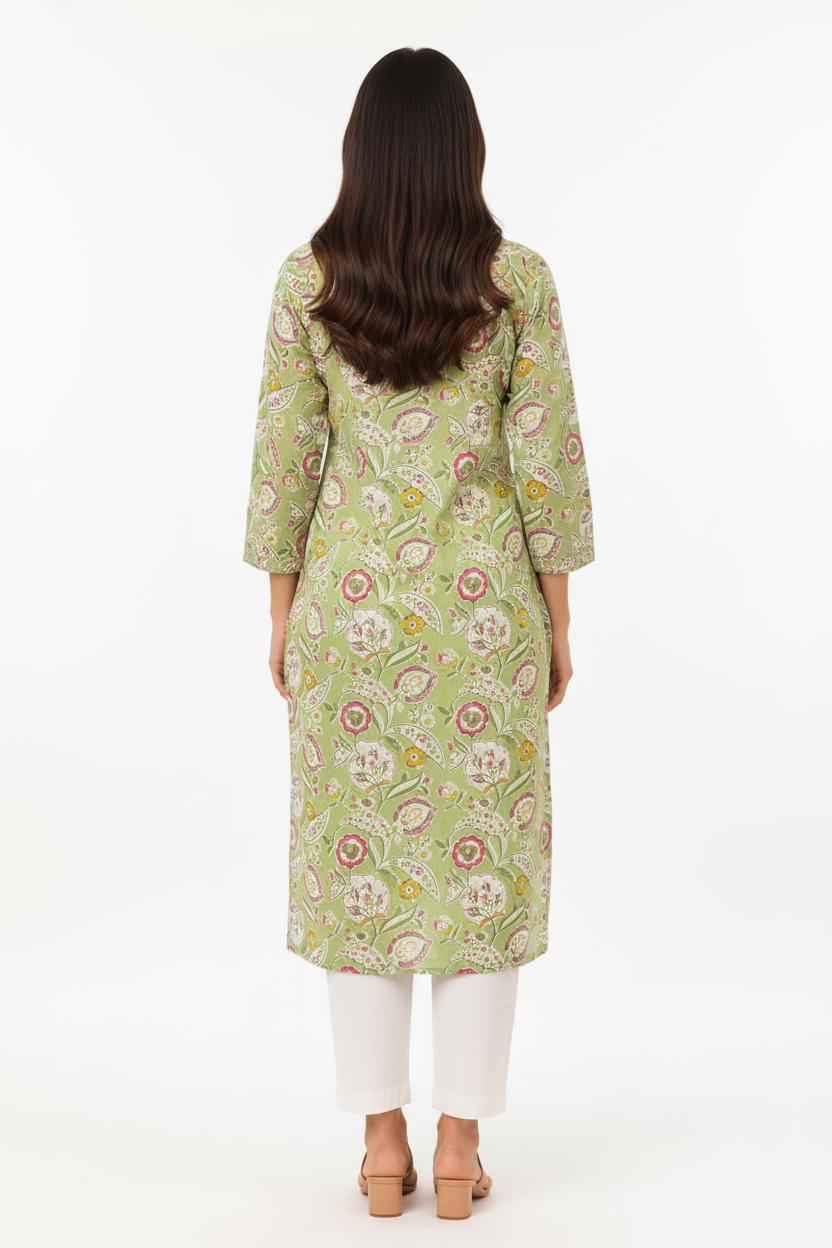 Natural Fab Women’s Light Green Multicolour Floral Printed Straight Kurti with Pocket, V-Neck & Three-Quarter Sleeves