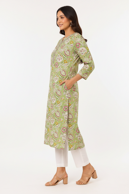 Natural Fab Women’s Light Green Multicolour Floral Printed Straight Kurti with Pocket, V-Neck & Three-Quarter Sleeves