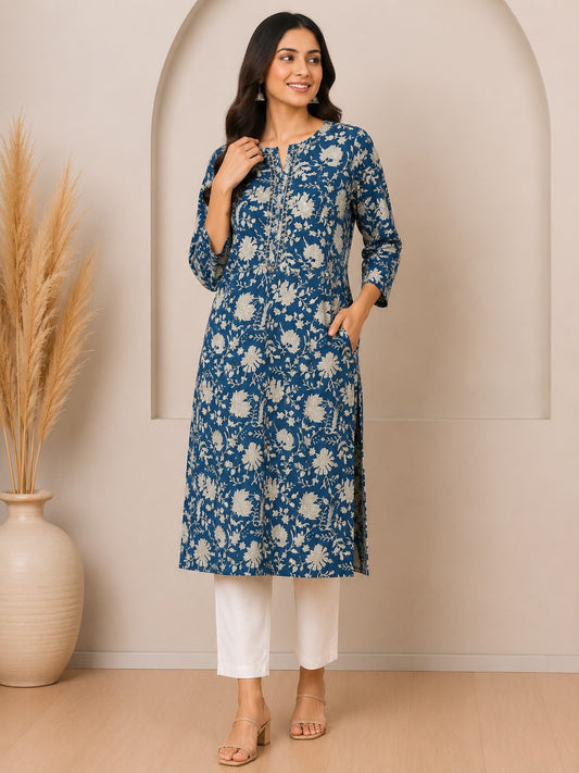Natural Fab Women’s Teal Blue Floral Printed Straight Kurti with Pocket, Notch Neck & Three-Quarter Sleeves