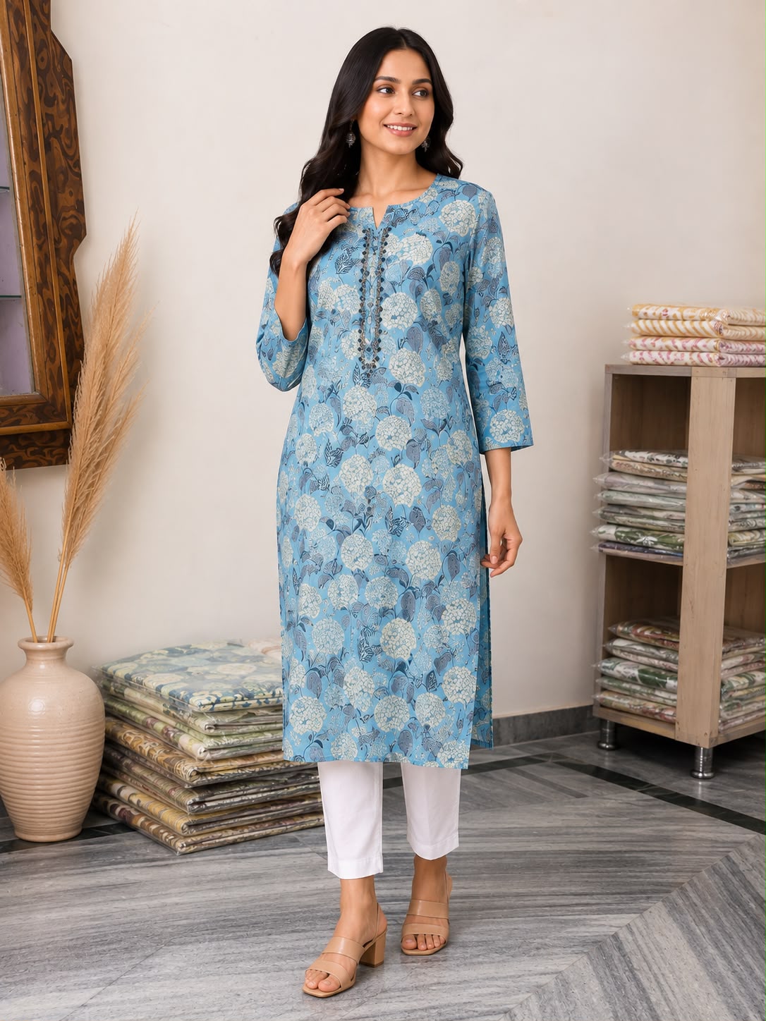 Natural Fab Women’s Sky Blue Floral Printed Straight Kurti with Decorative Button Placket & Three-Quarter Sleeves