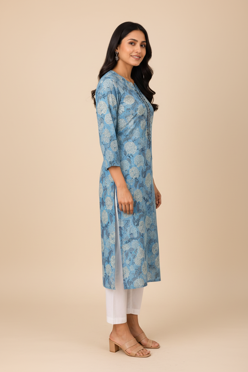 Natural Fab Women’s Sky Blue Floral Printed Straight Kurti with Decorative Button Placket & Three-Quarter Sleeves