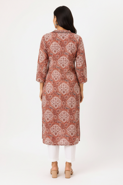 Women’s Rust Red Ajrakh-Inspired Printed Straight Kurti with Notch Neck & Three-Quarter Sleeves