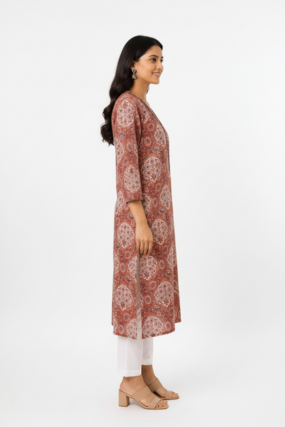 Women’s Rust Red Ajrakh-Inspired Printed Straight Kurti with Notch Neck & Three-Quarter Sleeves
