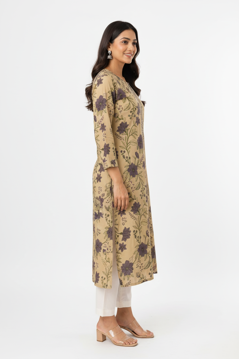 Women’s Beige Floral Printed Straight Kurti with Notch Neck, Decorative Placket & Three-Quarter Sleeves