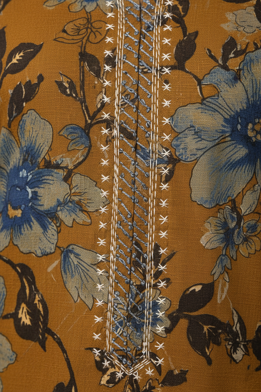 Women’s Mustard Brown Floral Printed Straight Kurti with Decorative Notch Neck & Three-Quarter Sleeves