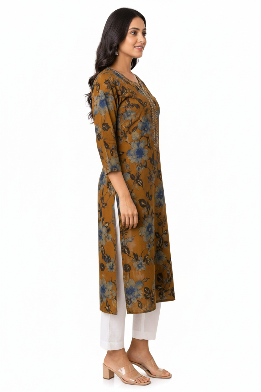 Women’s Mustard Brown Floral Printed Straight Kurti with Decorative Notch Neck & Three-Quarter Sleeves