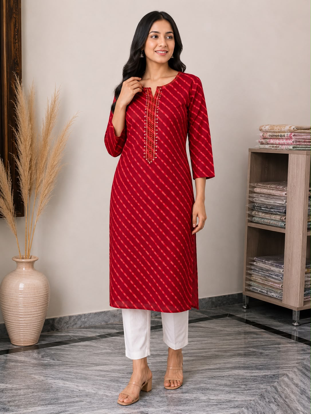 Women’s Red Diagonal Striped Straight Kurti with Embellished Notch Neck & Three-Quarter Sleeves