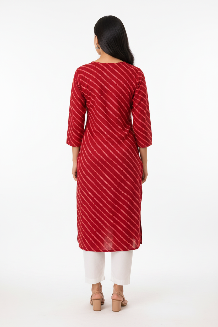 Women’s Red Diagonal Striped Straight Kurti with Embellished Notch Neck & Three-Quarter Sleeves