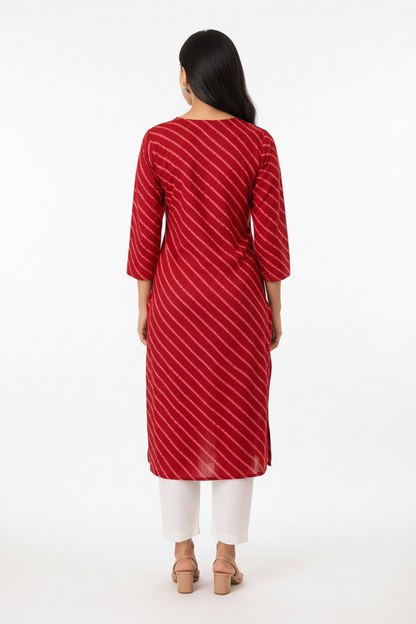 Women’s Red Diagonal Striped Straight Kurti with Embellished Notch Neck & Three-Quarter Sleeves
