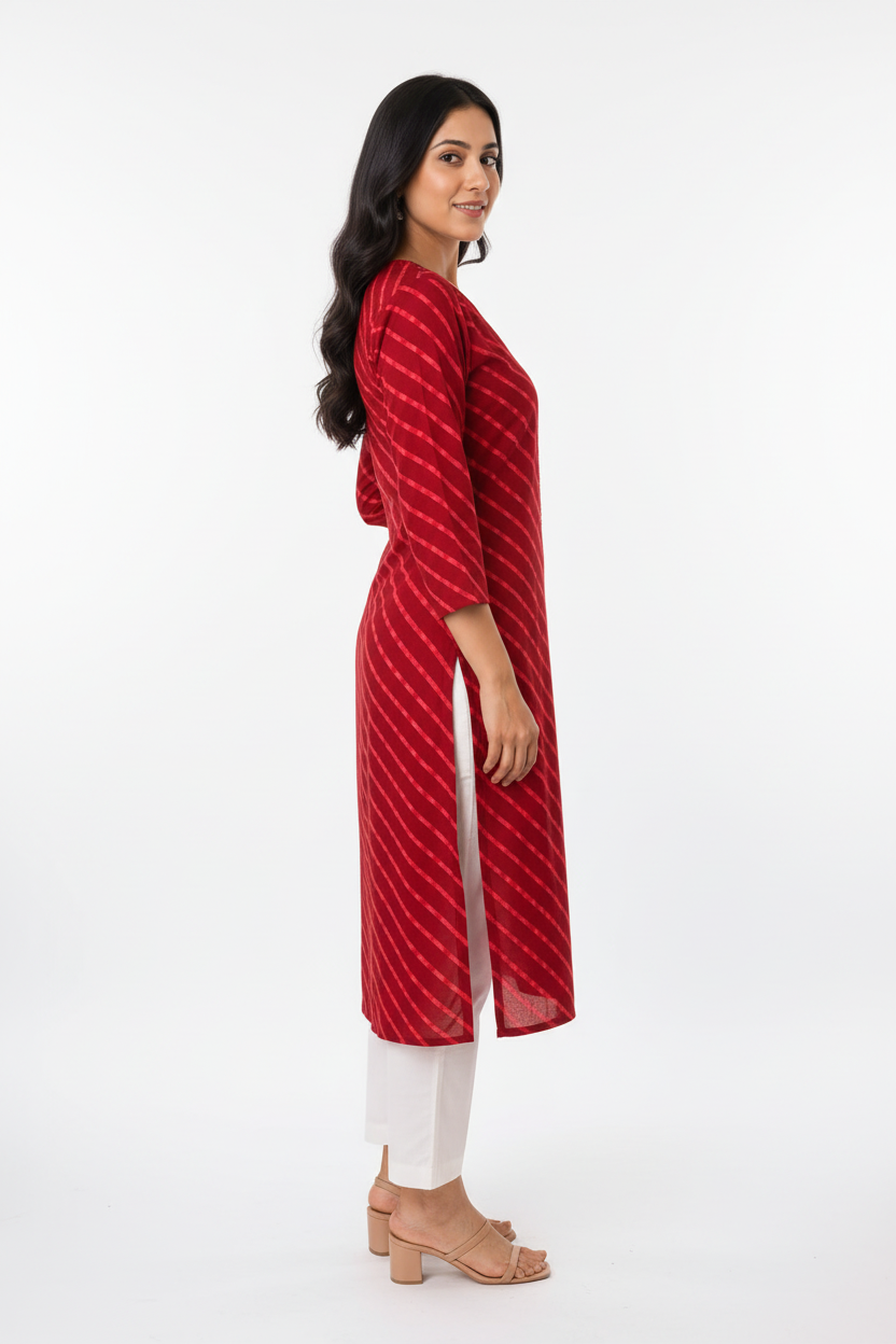 Women’s Red Diagonal Striped Straight Kurti with Embellished Notch Neck & Three-Quarter Sleeves