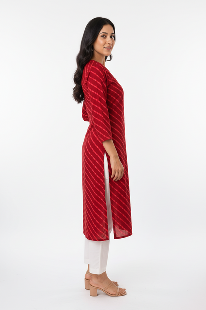 Women’s Red Diagonal Striped Straight Kurti with Embellished Notch Neck & Three-Quarter Sleeves