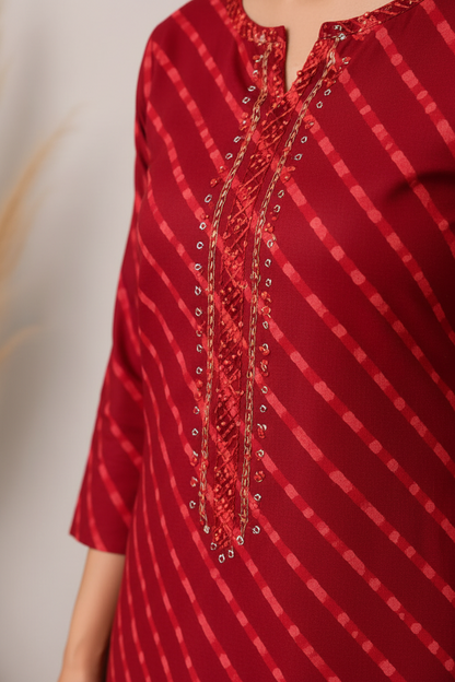 Women’s Red Diagonal Striped Straight Kurti with Embellished Notch Neck & Three-Quarter Sleeves