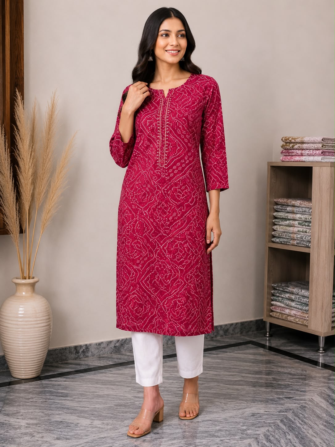 Women’s Rani Pink Bandhani-Inspired Printed Straight Kurti with Notch Neck & Three-Quarter Sleeves