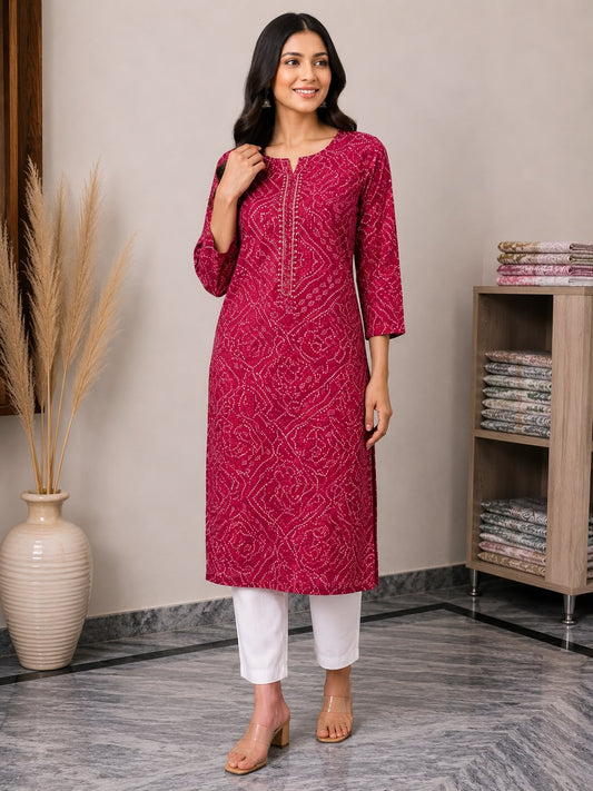 Women’s Rani Pink Bandhani-Inspired Printed Straight Kurti with Notch Neck & Three-Quarter Sleeves