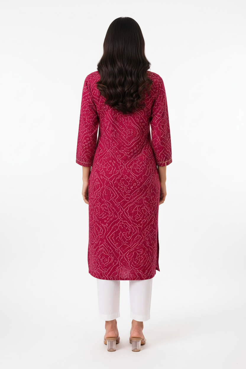 Women’s Rani Pink Bandhani-Inspired Printed Straight Kurti with Notch Neck & Three-Quarter Sleeves