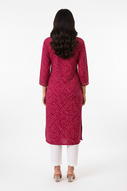 Women’s Rani Pink Bandhani-Inspired Printed Straight Kurti with Notch Neck & Three-Quarter Sleeves