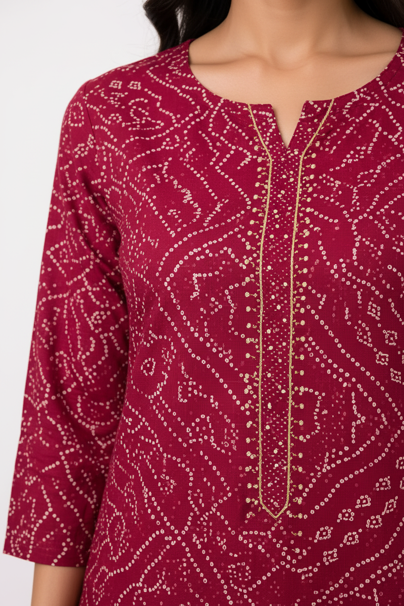 Women’s Rani Pink Bandhani-Inspired Printed Straight Kurti with Notch Neck & Three-Quarter Sleeves