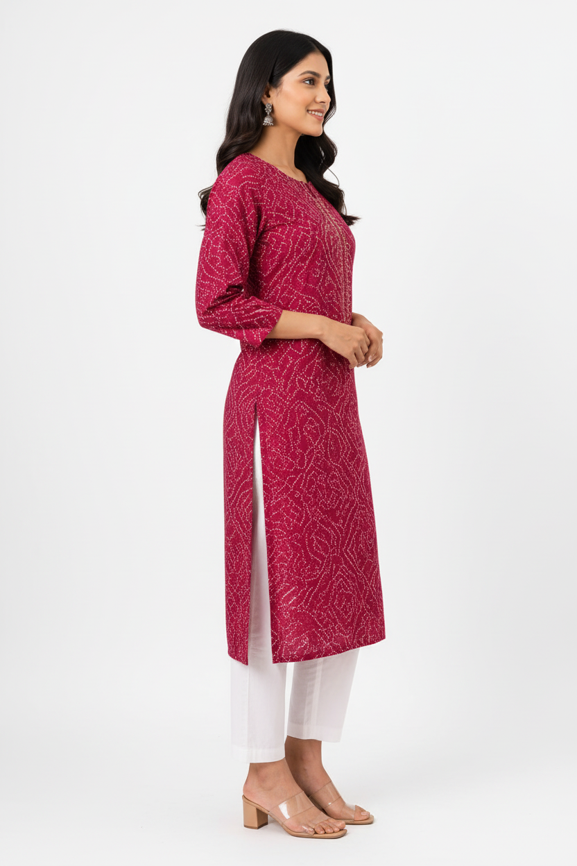Women’s Rani Pink Bandhani-Inspired Printed Straight Kurti with Notch Neck & Three-Quarter Sleeves