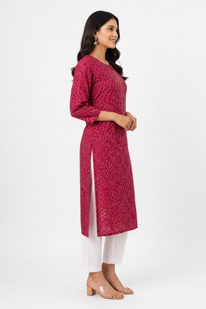 Women’s Rani Pink Bandhani-Inspired Printed Straight Kurti with Notch Neck & Three-Quarter Sleeves