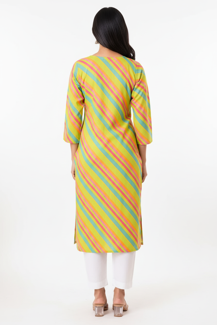 Women’s Lime Green Multicolour Diagonal Striped Straight Kurti with Decorative Notch Neck