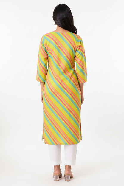 Women’s Lime Green Multicolour Diagonal Striped Straight Kurti with Decorative Notch Neck