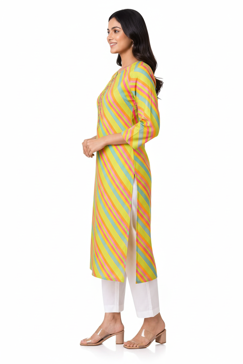 Women’s Lime Green Multicolour Diagonal Striped Straight Kurti with Decorative Notch Neck