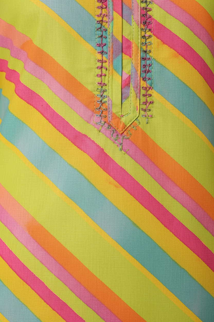 Women’s Lime Green Multicolour Diagonal Striped Straight Kurti with Decorative Notch Neck