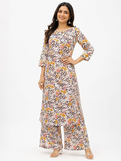 Natural Fab Gulbhar Women’s Sanganeri Hand Block Printed Kurti & Palazzo Set – White Floral 2-Piece Ethnic Set