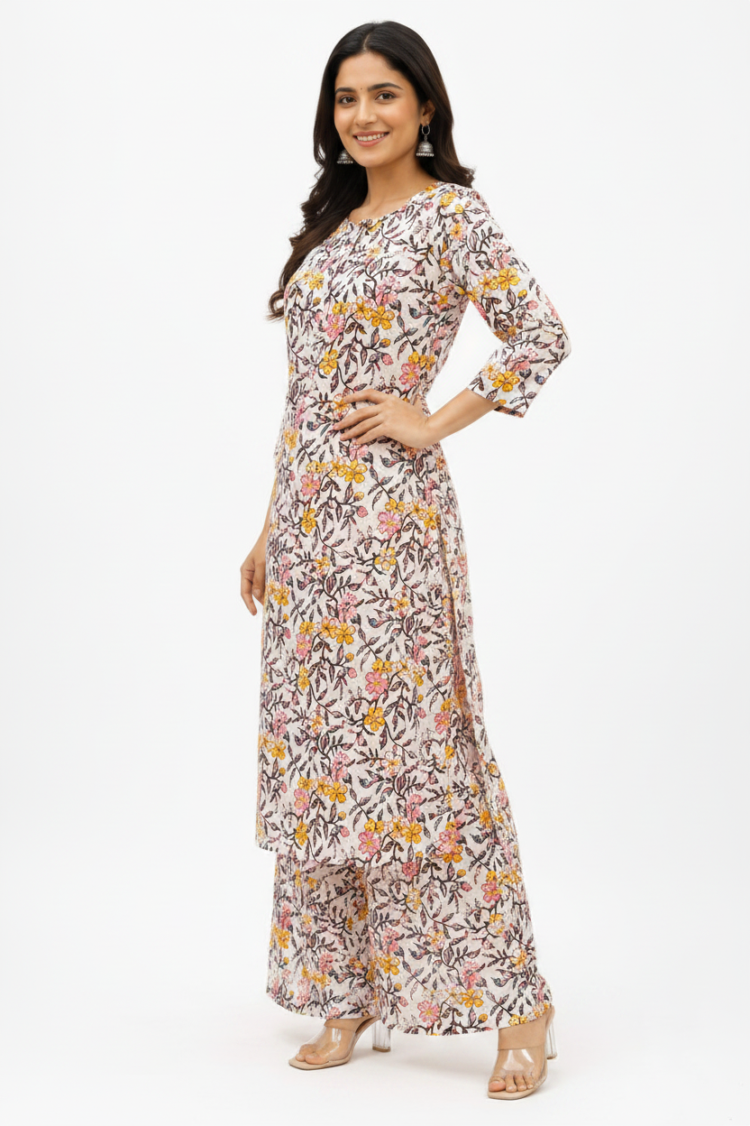 Natural Fab Gulbhar Women’s Sanganeri Hand Block Printed Kurti & Palazzo Set – White Floral 2-Piece Ethnic Set