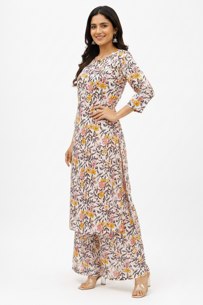 Natural Fab Gulbhar Women’s Sanganeri Hand Block Printed Kurti & Palazzo Set – White Floral 2-Piece Ethnic Set