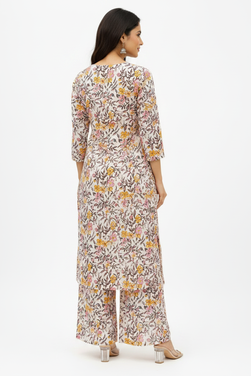 Natural Fab Gulbhar Women’s Sanganeri Hand Block Printed Kurti & Palazzo Set – White Floral 2-Piece Ethnic Set